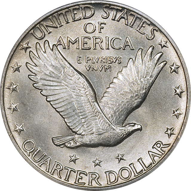 The Type 2 reverse of the Standing Liberty quarter dollar.