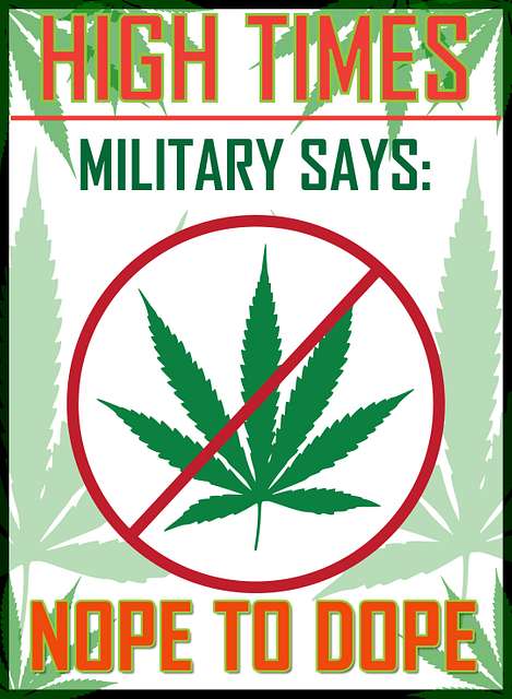 A U.S. Air Force Airman holds a sign that reads "Military Says Nope to Dope" during a drug awareness event.