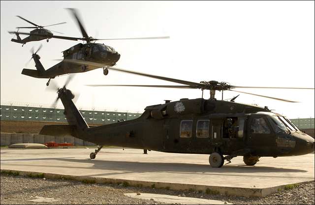A formation of three UH-60 Black Hawks